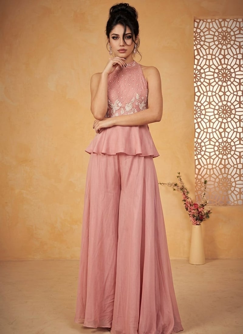 Pink Silk Beaded Hand Embroidered Indowestern Peplum Palazzo Suit Wedding Wear