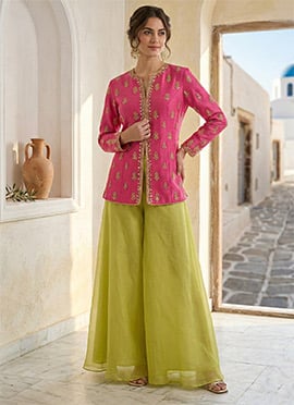 Pink Silk Beads Hand Embroidered Mirror And Stones Indowestern Palazzo Set