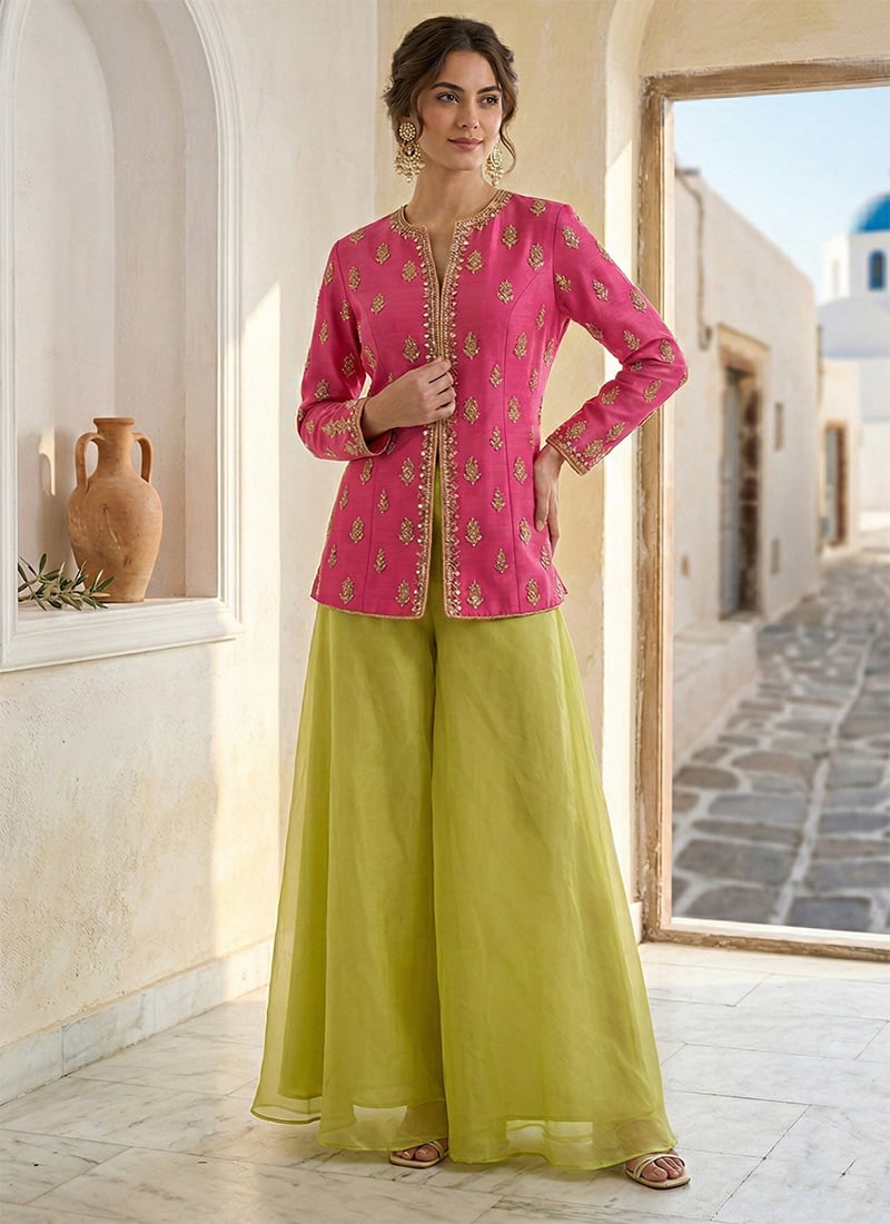 Pink Silk Beads Hand Embroidered Mirror And Stones Indowestern Palazzo Set Wedding Wear