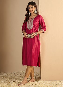 Pink Silk Blend Embroidered Long Kurti