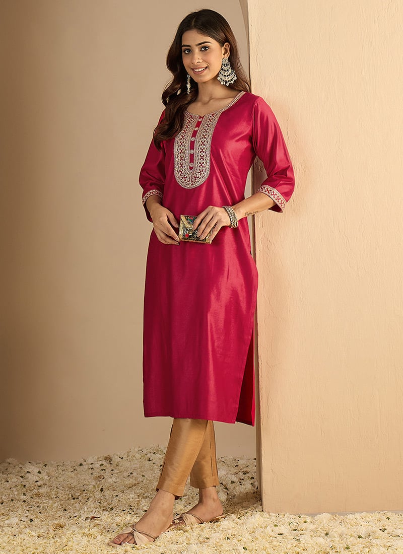 Pink Silk Blend Embroidered Long Kurti After Six Wear