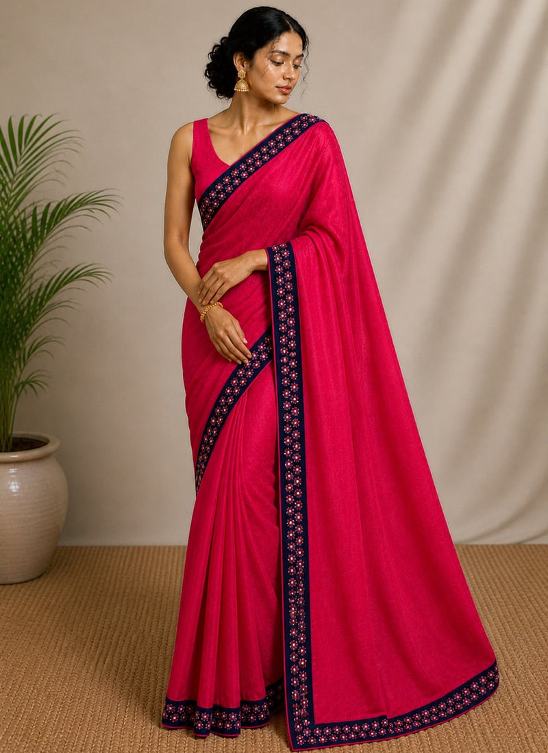 Pink Silk Blend Plain Saree After Six Wear