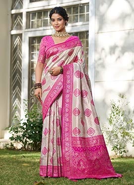 Pink Silk Blend Saree With Intricate Jacquard Weaving