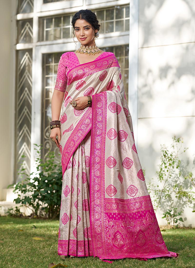 Pink Silk Blend Saree With Intricate Jacquard Weaving Festive Wear