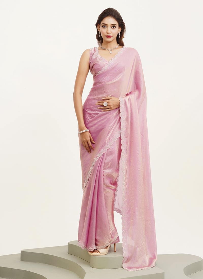 Pink Silk Blend Stone Saree