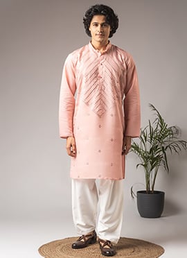 Pink Silk Blend Thread And Sequins Embroidered Kurta Pyjama