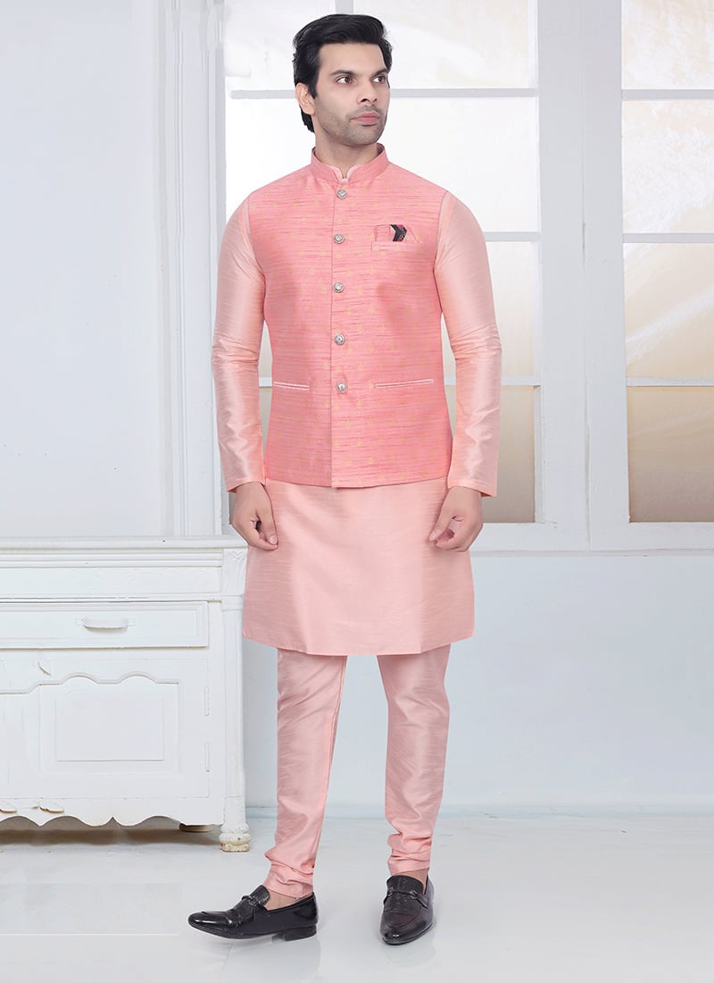 Pink Silk Brocade Bandhgala Jacket