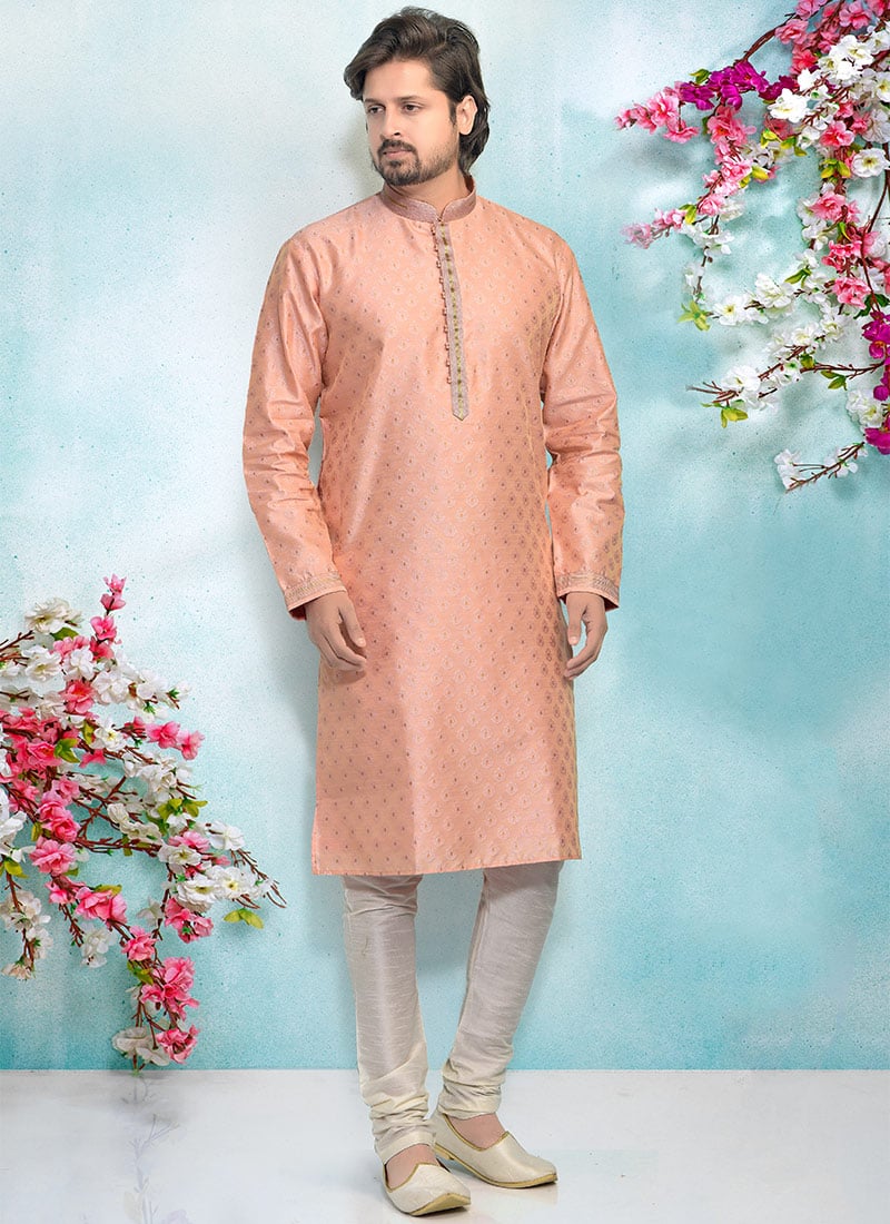 Peach Silk Brocade Kurta Pyjama