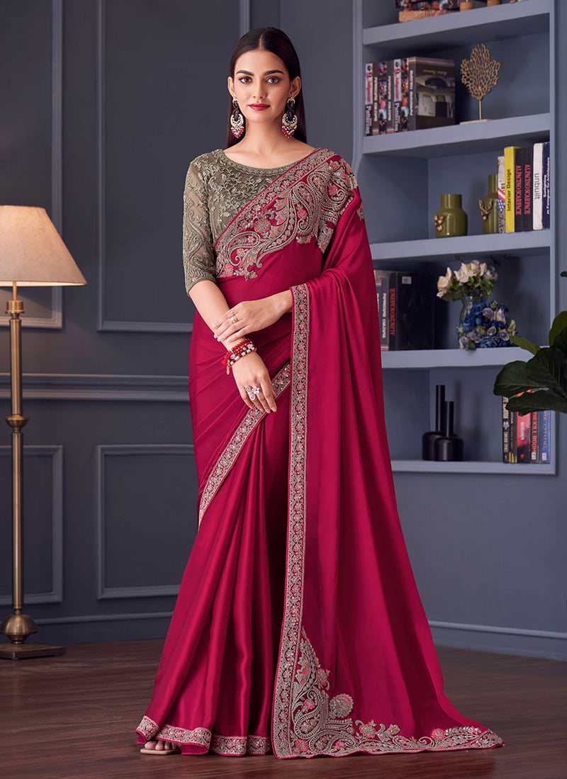 Pink Silk Chiffon Embroidered Sequins Saree