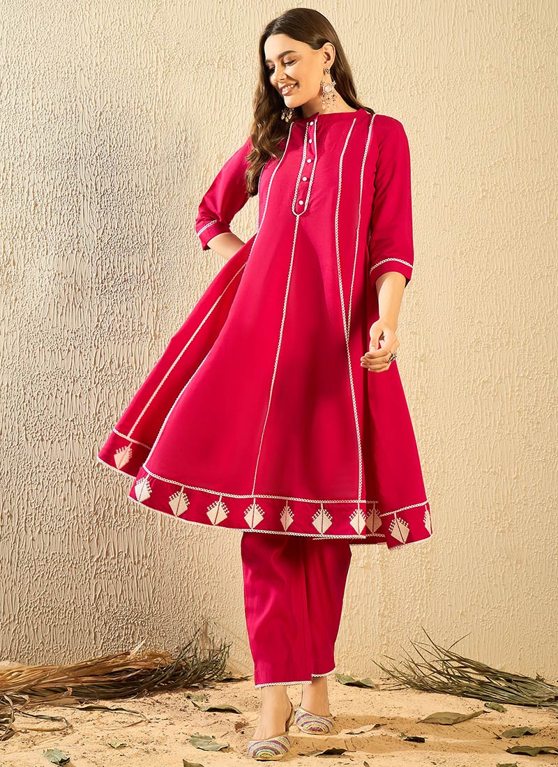 Pink Silk Cotton Embroidered Kurta Straight Pant Suit