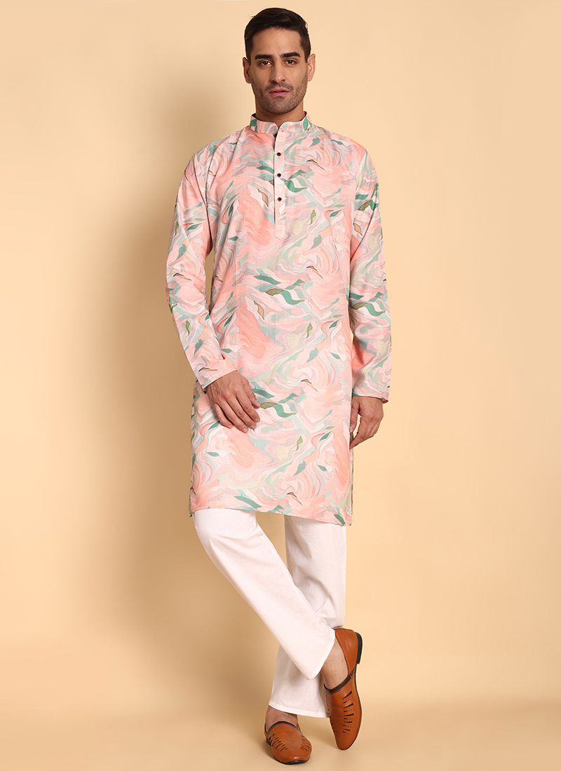 Pink Silk Cotton Printed Kurta Pyjama Festive Wear
