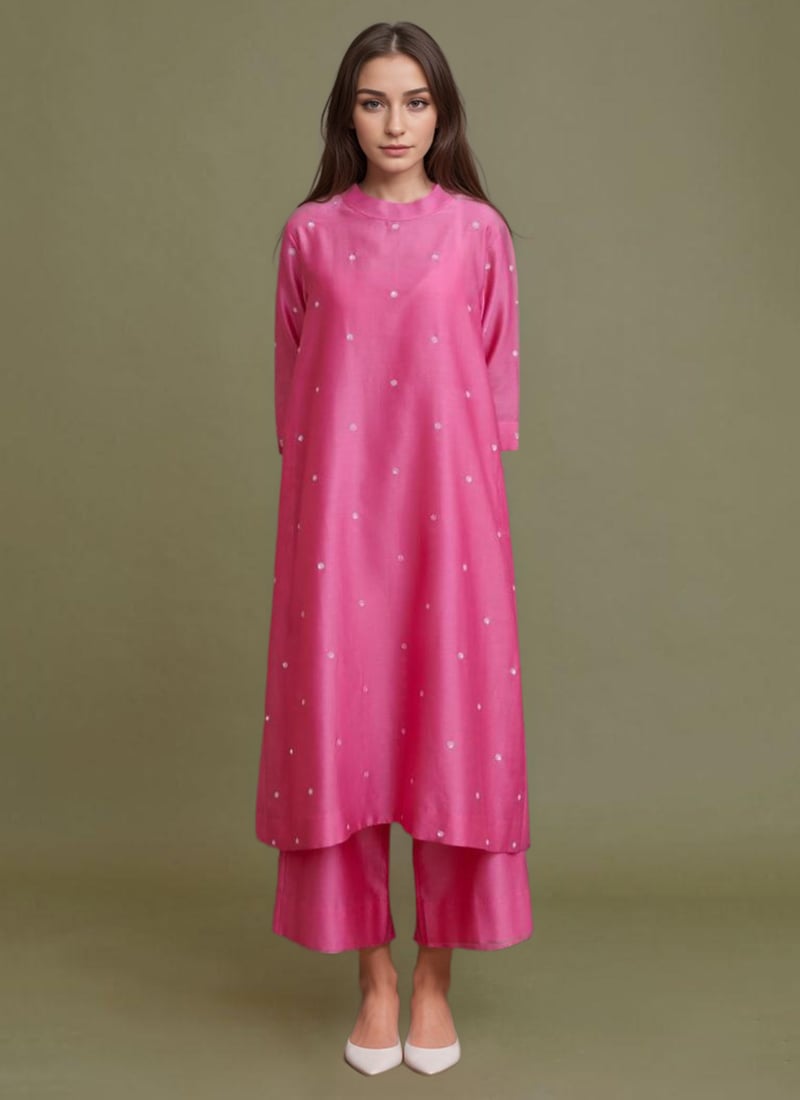 Pink Silk Hand Embroidered Beads Palazzo Suit Festive Wear