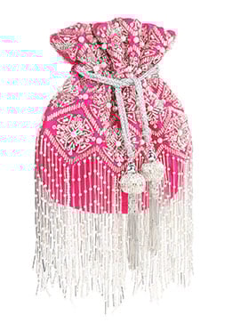 Pink Silk Cut Dana Work With Moti And Beads Sequins Potli