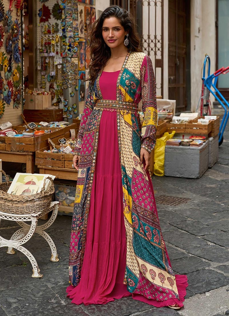 Pink Silk Digital Print Embroidered Jacket Gown After Six Wear