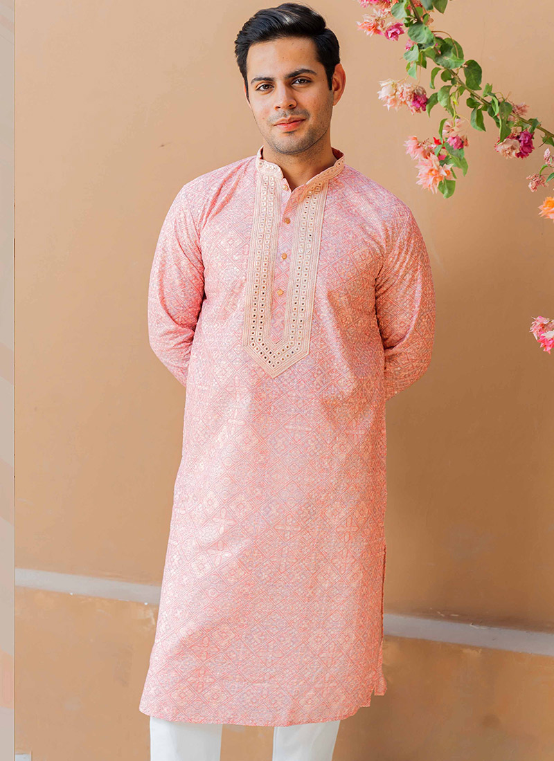 Pink Silk Digital Print Embroidered Sequins Kurta Pyjama Festive Wear