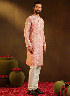 Pink Silk Digital Print Embroidered Sequins Kurta Pyjama