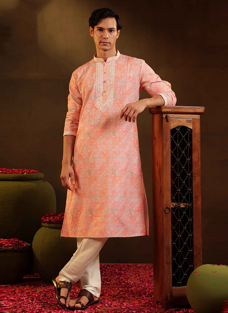 Pink Silk Digital Print Embroidered Sequins Kurta Pyjama Festive Wear