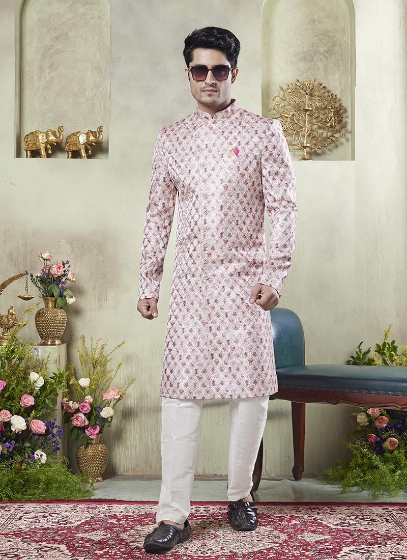 Pink Silk Digital Print Indowestern Sherwani Festive Wear