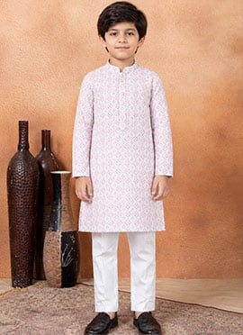 Pink Silk Digital Print Kids Boys Classic Kurta Pyjama