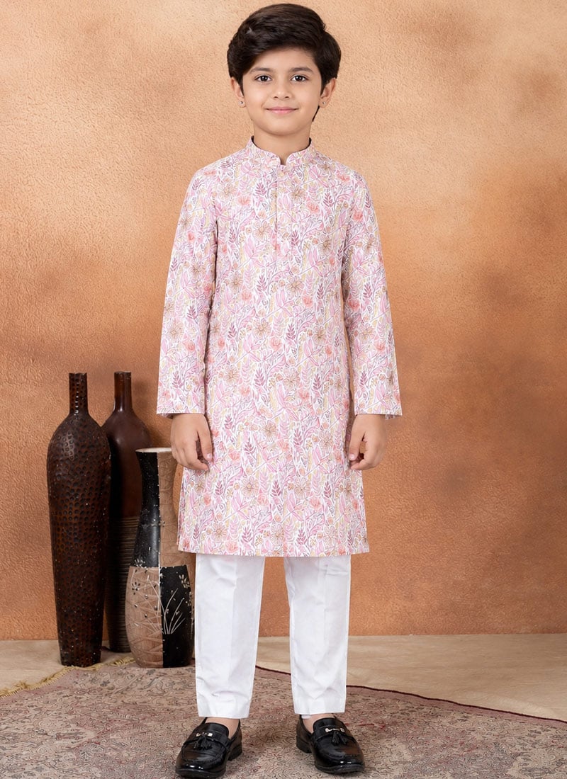 Pink Silk Digital Print Kids Boys Elegant Kurta Pyjama Festive Wear