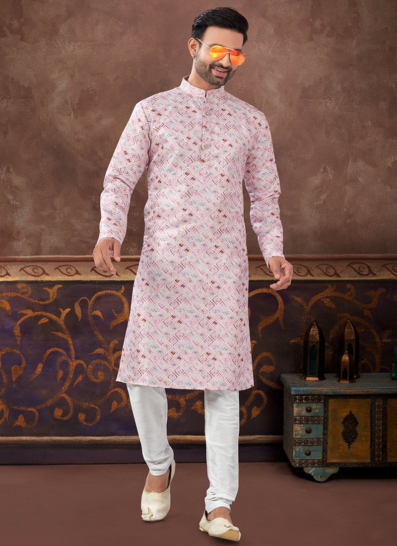 Pink Silk Digital Print Kurta Pyjama