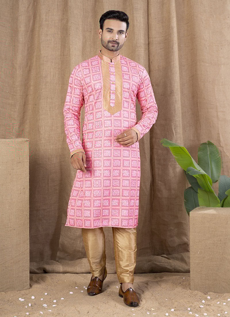 Pink Silk Digital Print Kurta Pyjama