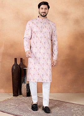 Pink Silk Digital Print Mens Kurta