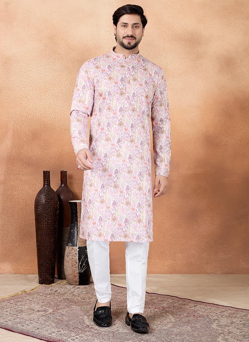 Pink Silk Digital Print Mens Kurta