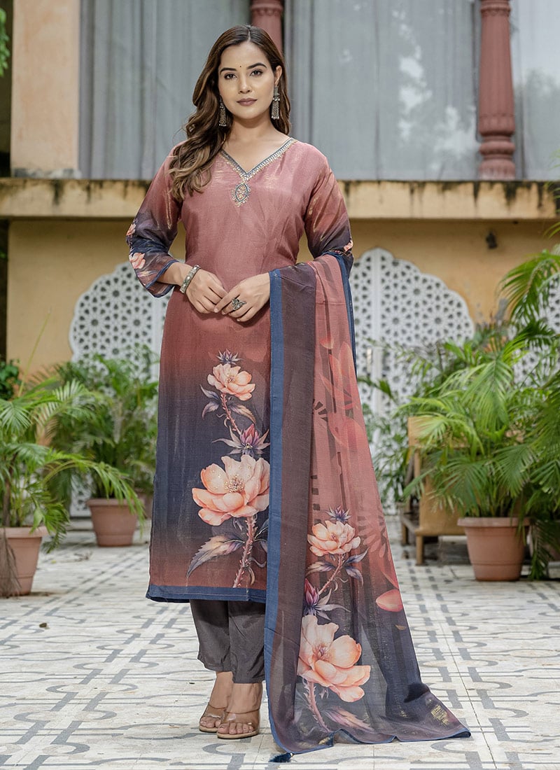 Pink Silk Digital Print Zardosi Sequins And Beads Straight Pant Suit Festive Wear
