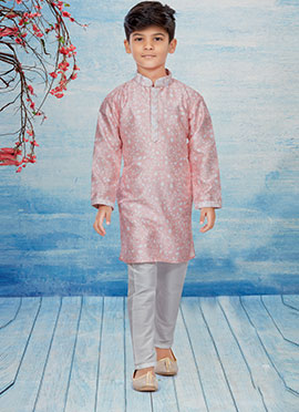 Pink Silk Dupion Printed Kids Kurta Pyjama