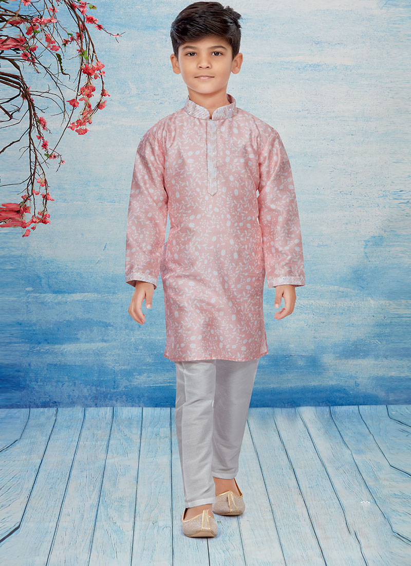 Pink Silk Dupion Printed Kids Kurta Pyjama Party Wear