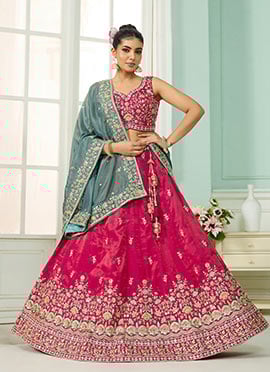 Pink Silk Embroidered Beads Cut Work Umbrella Lehenga Wedding Wear