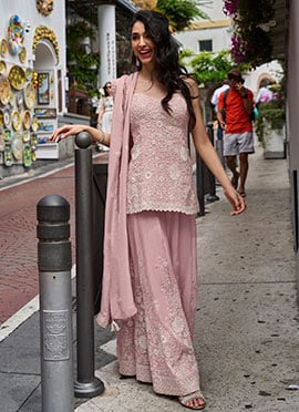 Pink Silk Embroidered Beads Palazzo Suit