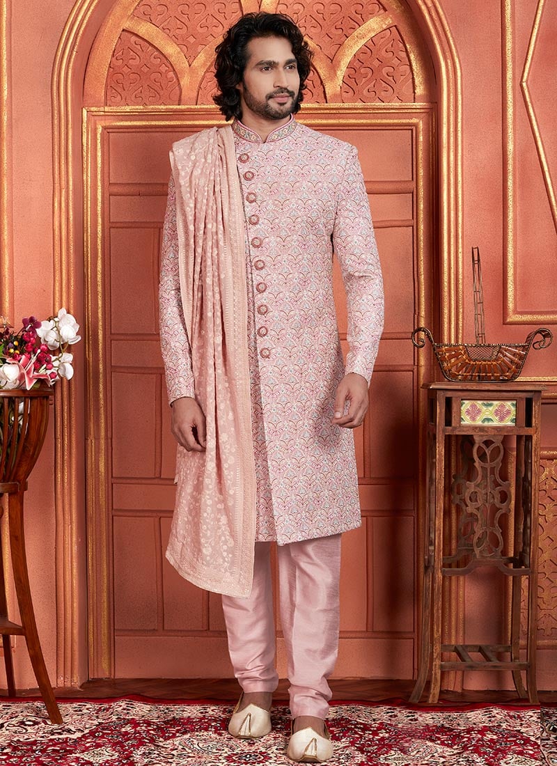 Pink Silk Embroidered Beads Work Classic Sherwani Wedding Wear-SHMSC2803