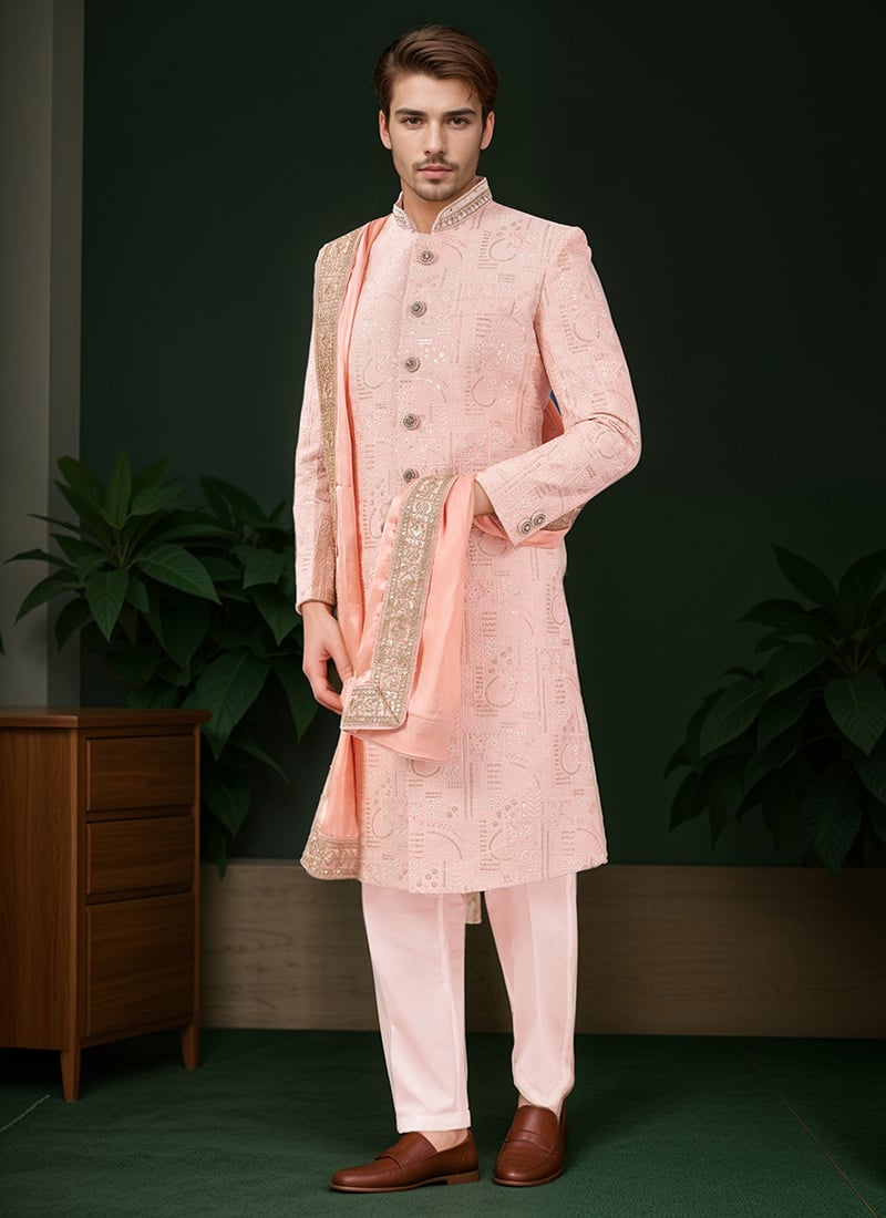Pink Silk Embroidered Classic Sherwani Wedding Wear