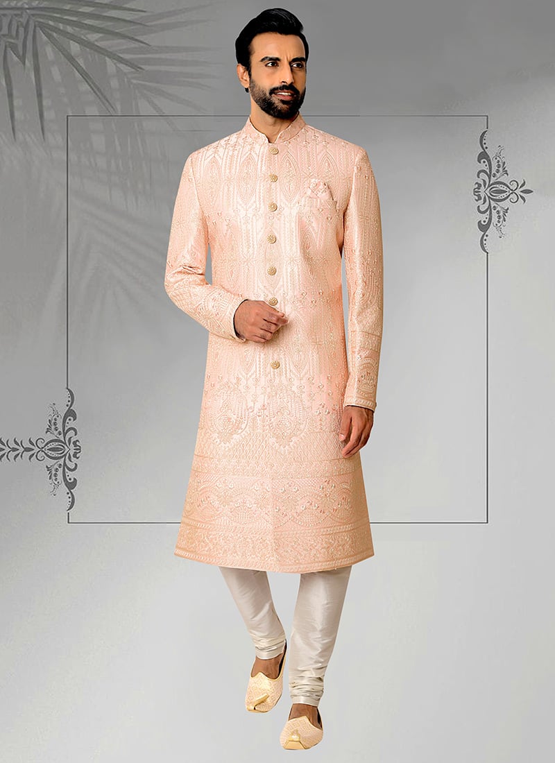 Pink Silk Embroidered Classic Sherwani Wedding Wear