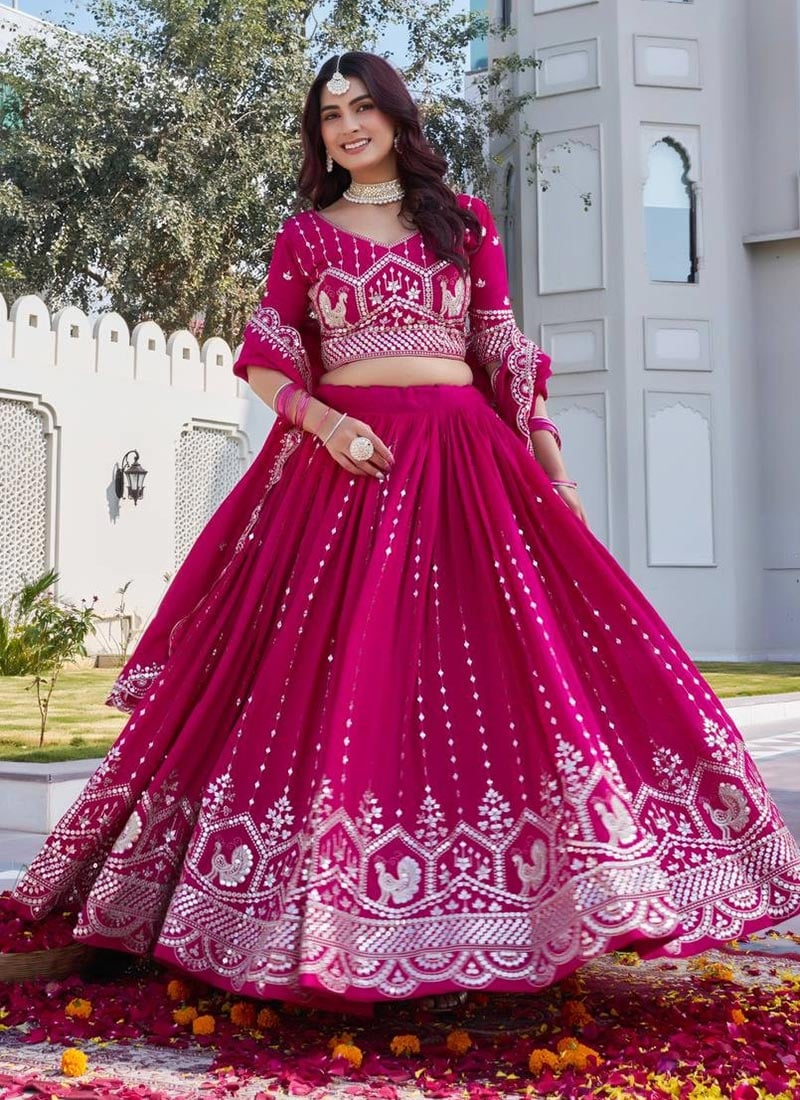 Pink Silk Embroidered Foil Print Umbrella Lehenga Festive Wear