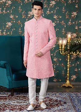 Pink Silk Embroidered Hand Work Classic Sherwani