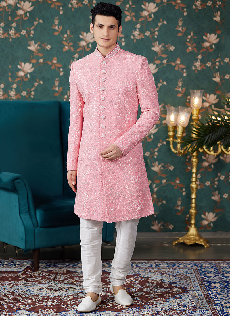 Pink Silk Embroidered Hand Work Classic Sherwani Wedding Wear