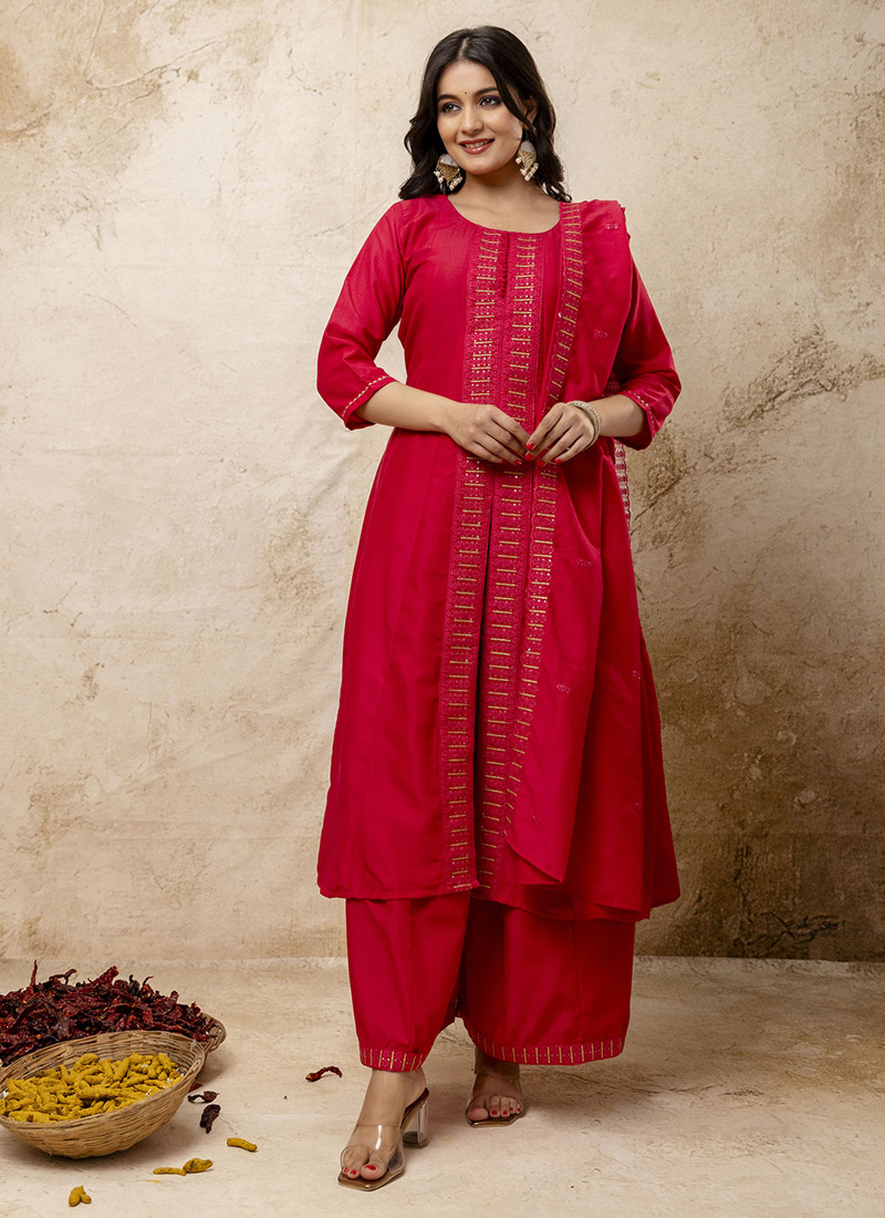 Pink Silk Embroidered High Slit Palazzo Suit