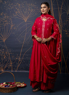 Pink Silk Embroidered High Slit Palazzo Suit