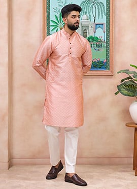 Pink Silk Embroidered Kurta Pyjama For Men
