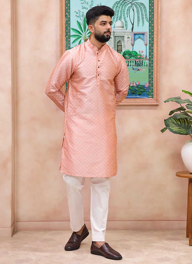Pink Silk Embroidered Kurta Pyjama For Men Festive Wear
