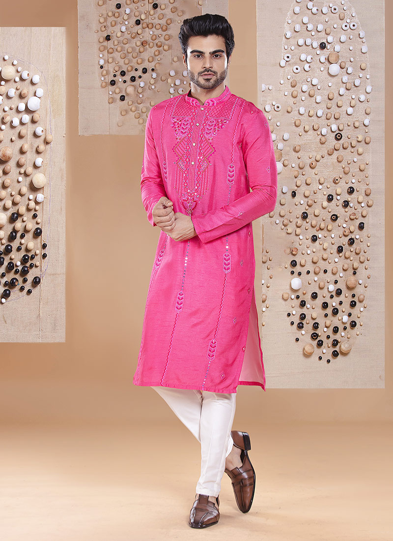 Pink Silk Embroidered Kurta Pyjama Festive Wear