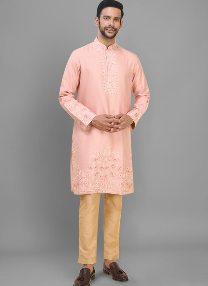 Pink Silk Embroidered Kurta Pyjama Festive Wear