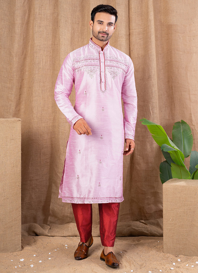 Pink Silk Embroidered Kurta Pyjama
