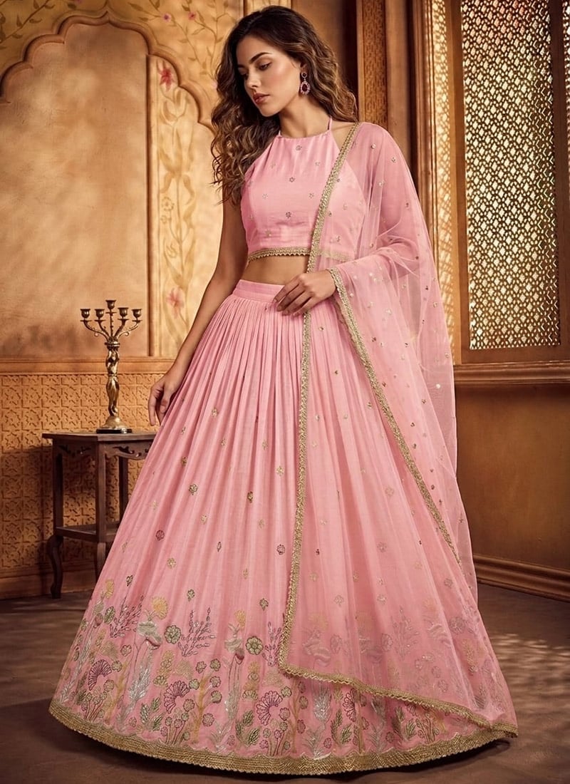 Pink Silk Embroidered Lehenga Wedding Wear