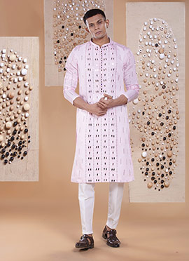 Pink Silk Embroidered Mirror Work Kurta Pyjama
