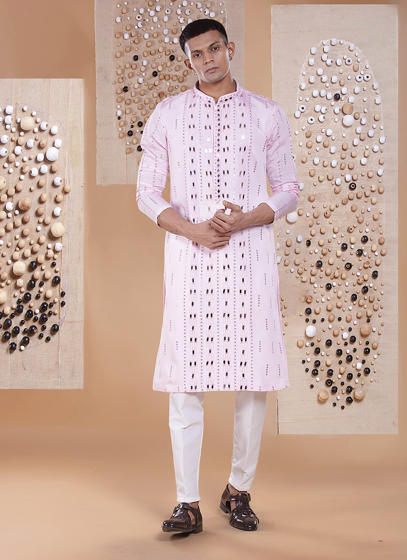 Pink Silk Embroidered Mirror Work Kurta Pyjama Festive Wear