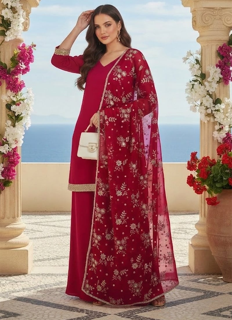 Pink Silk Embroidered Palazzo Suit Festive Wear
